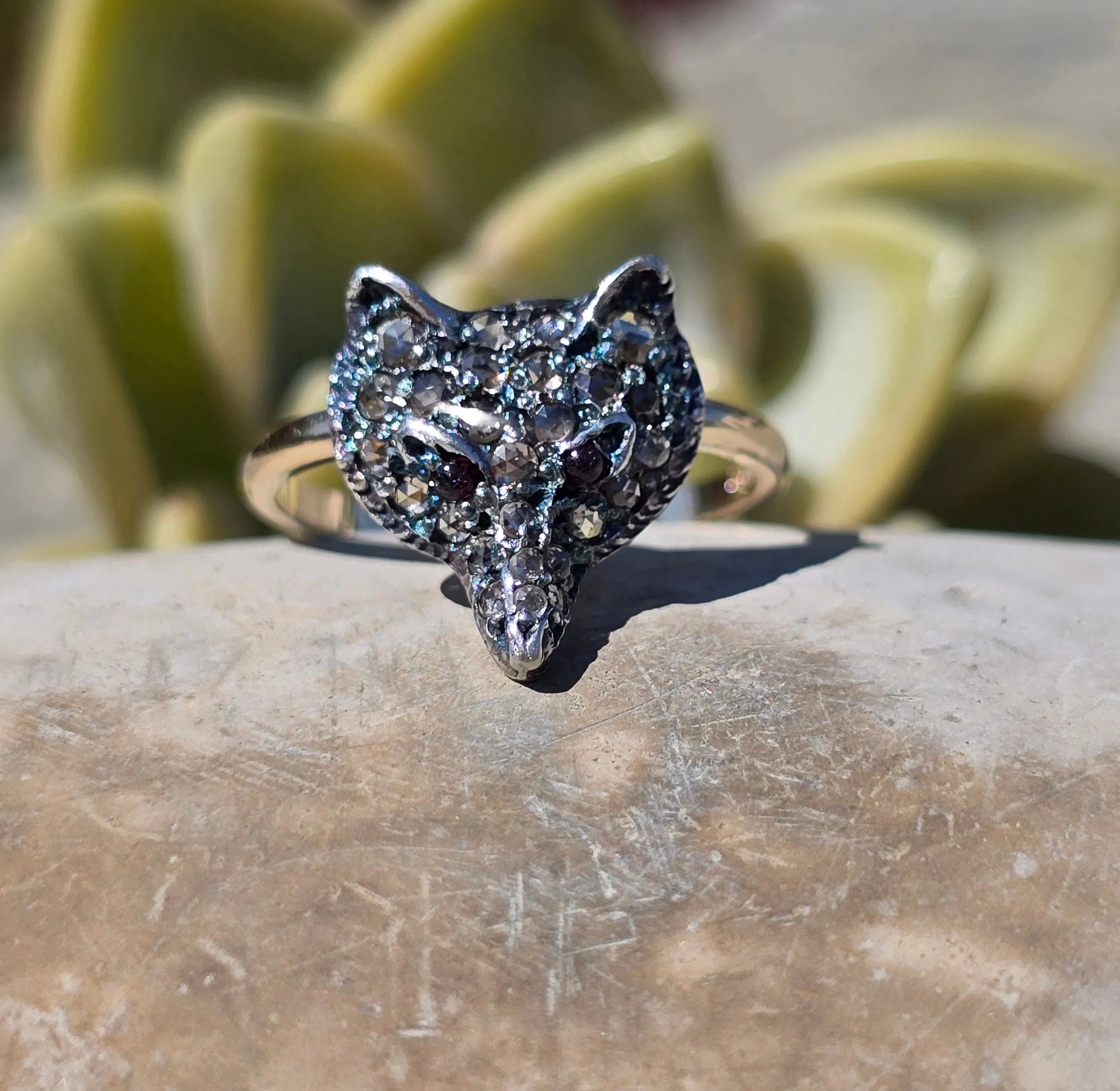 silver   14k gold WOLF FOX diamond and ruby ring
