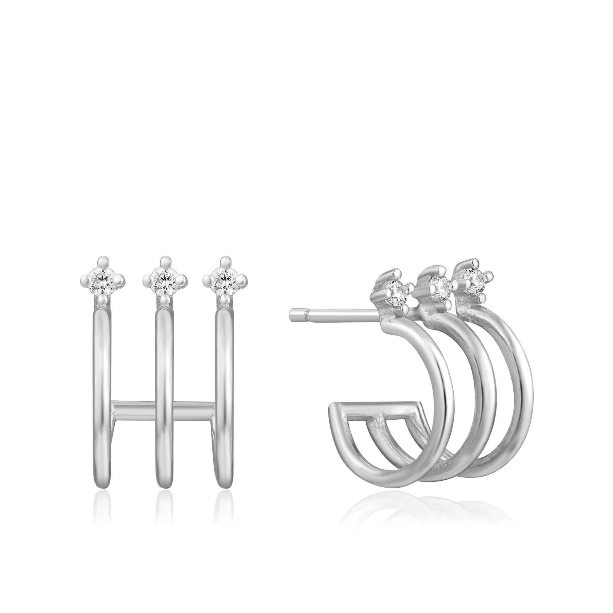 Silver Triple Mini Hoop Stud Earrings