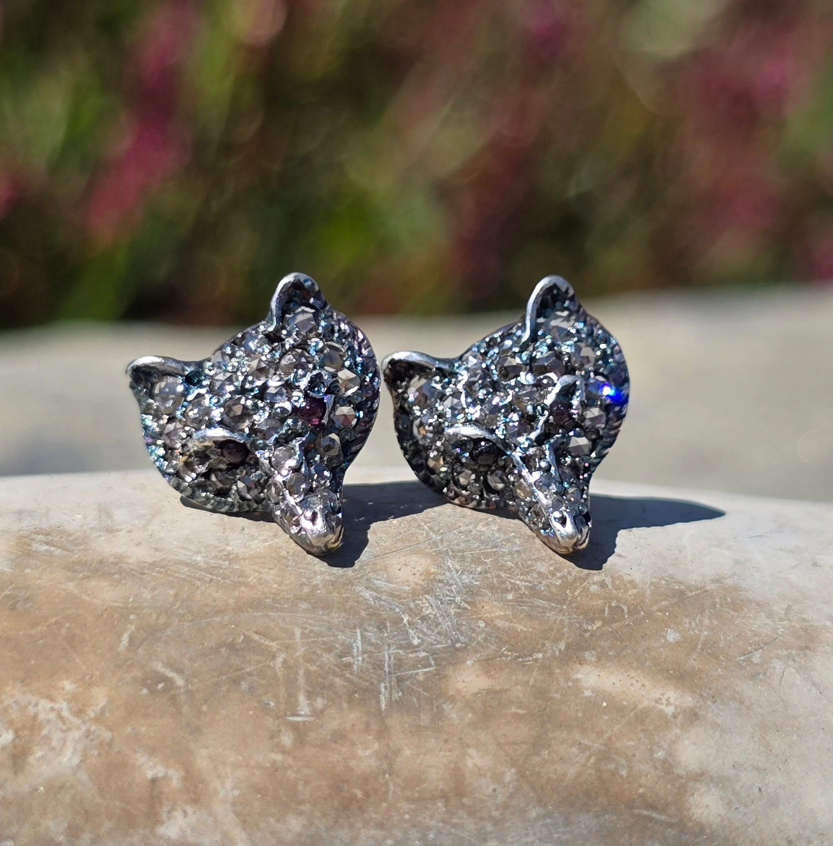 silver   14k gold WOLF FOX diamond and ruby earrings